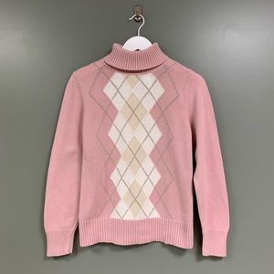 Liz & Co. Pink White Cream Argyle Turtleneck Cotton Sweater Long Sleeve Stretch